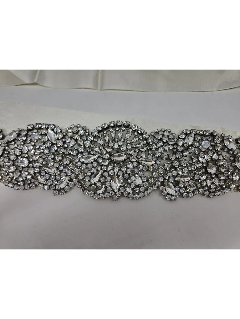 Woman’s Bridal Belt Silver Rhinestones Cream Satin Ribbon 102” L Vintage Wedding